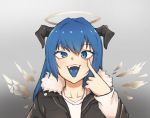  1girl :d akanbe arknights bangs black_jacket blue_eyes blue_hair blue_tongue commentary eyebrows_visible_through_hair fangs gradient gradient_background grey_background hair_between_eyes halo hand_up highres horns index_finger_raised jacket long_hair long_sleeves looking_at_viewer mostima_(arknights) open_mouth radioneet shirt smile solo tongue tongue_out upper_body white_shirt 