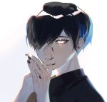  1boy bangs black_hair glowing glowing_eyes hair_over_one_eye hand_to_own_mouth hands_clasped looking_at_viewer male_focus multicolored_hair nail_polish original own_hands_together short_hair simple_background two-tone_hair upper_body white_background white_eyes zumi_(neronero126) 