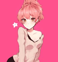  1girl blush breasts closed_mouth eyebrows_visible_through_hair grey_sweater highres hona_(pixiv7939518) idolmaster idolmaster_cinderella_girls jougasaki_mika long_sleeves looking_at_viewer medium_breasts pink_background pink_hair ponytail simple_background smile solo star striped striped_sweater sweater yellow_eyes 