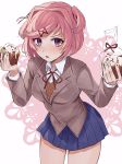  1girl bangs bare_legs blazer blue_skirt blush breasts brown_jacket collared_shirt commentary cowboy_shot cupcake doki_doki_literature_club eyebrows_visible_through_hair eyelashes fang food hair_ornament highres icing jacket long_sleeves looking_at_viewer medium_breasts miniskirt natsuki_(doki_doki_literature_club) neck_ribbon open_mouth orange_vest pastry_bag pink_hair pleated_skirt red_neckwear red_ribbon ribbon school_uniform setuji shirt short_hair short_sidetail simple_background skirt solo standing swept_bangs thighs vest violet_eyes white_background white_shirt wing_collar x_hair_ornament 