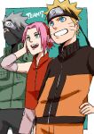  1girl 2boys absurdres black_eyes blonde_hair blue_eyes border forehead forehead_protector green_background green_eyes grey_hair grin hand_on_hip haruno_sakura hatake_kakashi highres jacket long_sleeves mask mouth_mask multiple_boys naruto_(series) naruto_shippuuden ninja ninja_mask open_mouth pink_hair pinoko_(pnk623) red_shirt shirt simple_background sleeveless sleeveless_shirt smile teeth uzumaki_naruto vest 