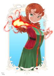  1girl breasts closed_mouth curly_hair dragon_quest dragon_quest_vii dress long_hair looking_at_viewer maribel_(dq7) mizu_kane orange_hair solo 