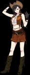 1girl belt black_background black_gloves black_hair boots bracelet brown_eyes brown_skirt cleavage closed_mouth cowboy_boots cowboy_hat crop_top female final_fantasy final_fantasy_vii final_fantasy_vii_remake full_body gloves hand_on_hat hat jewelry long_hair looking_at_viewer navel official_art open_vest red_eyes roberto_ferrari simple_background skirt sleeveless smile standing stomach tassel tifa_lockhart vest 