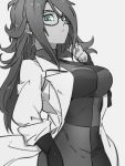  1girl android_21 blue_eyes breasts checkered checkered_dress closed_mouth dragon_ball dragon_ball_fighterz dress earrings glasses greyscale hoop_earrings jewelry kemachiku labcoat large_breasts long_hair long_sleeves monochrome solo 