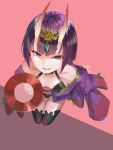  1girl alcohol artist_request bangs bare_shoulders bob_cut breasts collarbone cup eyeliner fate/grand_order fate_(series) headpiece highres horns japanese_clothes kimono licking_lips long_sleeves looking_at_viewer makeup oni oni_horns pink_background purple_hair purple_kimono revealing_clothes sakazuki sake short_hair shuten_douji_(fate/grand_order) skin-covered_horns small_breasts smile solo thighs tongue tongue_out violet_eyes wide_sleeves 