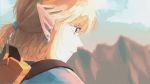  blonde_hair blue_eyes blue_shirt blue_sky blurry clouds depth_of_field earrings highres jewelry link looking_afar mountain pointy_ears ponytail sawane0704 sheath shirt sky the_legend_of_zelda the_legend_of_zelda:_breath_of_the_wild 