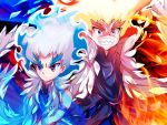  2boys angry artist_name beyblade beyblade:_burst blue_fire blue_hair chankyone character_name eyeshadow fiery_hair fire formal makeup md5_mismatch multiple_boys powering_up redhead scarf shirosagi_lui suit violet_eyes wide-eyed 