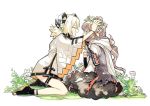  2girls :d ^_^ arknights bangs black_footwear blonde_hair brown_eyes brown_hair chinese_commentary closed_eyes commentary_request dress eyjafjalla_(arknights) facing_another from_side goggles grey_dress head_wreath highres horns ifrit_(arknights) kneeling koli_(ssssoliko) long_hair long_sleeves multiple_girls open_mouth profile shoes short_dress simple_background smile white_background white_dress wide_sleeves 