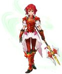  1girl armor armored_boots bangs boots fire_emblem fire_emblem:_mystery_of_the_emblem fire_emblem_heroes full_body headband highres holding holding_weapon indesign minerva_(fire_emblem) official_art polearm red_eyes red_footwear redhead short_hair skirt spear transparent_background weapon younger 