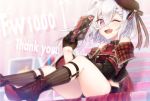  1girl ankle_boots azur_lane background_text bangs beret black_gloves boots commentary_request cross-laced_footwear english_text eyebrows_visible_through_hair gloves hair_between_eyes hat heart high_heel_boots high_heels lace-up_boots looking_at_viewer maple_may-gumi open_mouth short_hair shorts silver_hair sleeveless solo thank_you valentine violet_eyes white_hair z1_leberecht_maass_(azur_lane) 