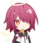  1girl apple_pie arknights eating exusiai_(arknights) fingerless_gloves gloves halo jacket kurisu_tina lowres orange_eyes redhead solo wings 