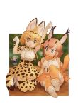  &gt;_&lt; 2girls animal_ears arm_up arms_up belt black_belt blonde_hair blue_eyes blue_shirt bow bowtie brown_hair brown_legwear brown_neckwear brown_skirt caracal_(kemono_friends) claw_pose day dog_ears dog_tail elbow_gloves eyebrows_visible_through_hair gloves grey_headwear helmet high-waist_skirt kemono_friends kneeling kyururu_(kemono_friends) leaning_to_the_side looking_at_another looking_at_viewer medium_hair miniskirt multiple_girls nyororiso_(muyaa) open_mouth outdoors outside_border pith_helmet print_gloves print_legwear print_neckwear serval_(kemono_friends) serval_ears serval_print serval_tail shirt shoes short_hair sitting skindentation skirt sleeveless sleeveless_shirt tail thigh-highs triangle_mouth white_footwear white_gloves white_shirt yellow_eyes yellow_legwear yellow_neckwear yellow_skirt 