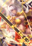  1girl absurdres animal_ears bangs body_markings breasts caenis_(fate) dark_skin fate/grand_order fate_(series) gold_armor hair_intakes headpiece highres huge_filesize large_breasts long_hair looking_at_viewer navel penguintake polearm shield smile solo spear tattoo weapon 