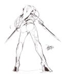  1girl ass character_request dual_wielding ejami greyscale high_heels holding long_hair monochrome original simple_background solo sword weapon white_background 
