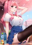  1girl absurdres arm_up artist_name bangs basket black_legwear blue_skirt blurry blurry_background breasts cherry_blossoms commentary day doki_doki_literature_club dress_shirt english_commentary eyebrows_visible_through_hair flower hair_ornament hairclip hand_in_hair highres large_breasts long_hair looking_at_viewer natsuki_(doki_doki_literature_club) older open_mouth outdoors petals pink_eyes pink_hair pleated_skirt sasoura school_uniform shirt short_sleeves sitting skirt solo tented_shirt thigh-highs tree two_side_up white_shirt 