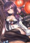  1girl azur_lane bell black_hair black_legwear blush breasts brown_eyes commentary_request eyebrows_visible_through_hair flower hair_between_eyes hair_ornament hairclip highres horns jingle_bell large_breasts long_hair looking_at_viewer nagara_(azur_lane) nagara_(relaxing_spring_day)_(azur_lane) sitting skirt smile solo thigh-highs twintails zombie_mogura 