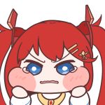  &gt;:( 1girl blue_eyes blush_stickers cheek_squash chibi diyap_(style) elflorri hair_ornament last_origin long_hair looking_at_viewer may_of_doom redhead simple_background tearing_up twintails wavy_mouth 