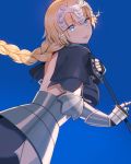  1girl armor blonde_hair blue_capelet blue_eyes capelet diadem fate/apocrypha fate_(series) floating_hair from_behind from_side gauntlets glint hona_(pixiv7939518) jeanne_d&#039;arc_(fate) jeanne_d&#039;arc_(fate)_(all) long_hair looking_at_viewer looking_back ponytail smile solo standing 