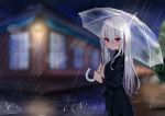  1girl artist_name bangs blurry blurry_background blush breasts commentary_request eyebrows_visible_through_hair grey_hair hair_ornament highres holding holding_umbrella long_hair long_sleeves looking_at_viewer original outdoors pink_eyes rain sinobi_illust solo umbrella white_hair 