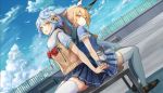  2girls alternate_costume animal_ears ayanami_(azur_lane) azur_lane back-to-back bell bird blonde_hair blue_hair blue_shirt blue_skirt blue_sky bow bowtie clouds day dutch_angle fubuki_(azur_lane) hair_ornament headgear holding_hands jingle_bell loafers long_hair looking_at_viewer looking_to_the_side miniskirt multiple_girls open_mouth outdoors pleated_skirt ponytail sailor_collar school_uniform serafuku shirt shoes short_sleeves sitting skirt sky smile sweater_vest thigh-highs undershirt very_long_hair white_legwear white_shirt wrist_cuffs x_hair_ornament yellow_eyes yu_ni_t zettai_ryouiki 