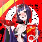  1girl alcohol bob_cut breasts cup eyeliner fate/grand_order fate_(series) headpiece highres horns japanese_clothes kimono looking_at_viewer makeup oni oni_horns open_clothes open_kimono open_mouth purple_hair purple_kimono revealing_clothes ryu0120 sakazuki sake short_eyebrows short_hair shuten_douji_(fate/grand_order) skin-covered_horns small_breasts solo violet_eyes 