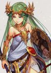  1girl armlet bare_shoulders belt belt_buckle breasts buckle circlet closed_mouth collar collarbone dress forehead_jewel gauntlets gold_necklace green_eyes green_hair hankuri headdress holding holding_staff jewelry kid_icarus kid_icarus_uprising long_hair necklace palutena shield sidelocks smile solo staff strapless strapless_dress thigh-highs vambraces very_long_hair white_dress white_legwear 