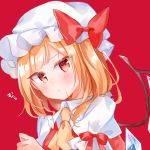  1girl :&lt; bangs blonde_hair blush bow closed_mouth collared_shirt crystal eyebrows_visible_through_hair flandre_scarlet hand_up hat highres long_hair mob_cap moko_(3886397) one_side_up puffy_short_sleeves puffy_sleeves red_background red_bow red_eyes red_vest shirt short_sleeves simple_background solo touhou translation_request upper_body vest white_headwear white_shirt wings yellow_neckwear 