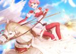  1girl armor blue_eyes cluseller commentary_request elbow_gloves eyebrows_visible_through_hair feathers fire_emblem gloves marcia_(fire_emblem) no_panties open_mouth pegasus pegasus_knight pink_hair polearm red_legwear short_hair sitting smile thigh-highs upper_teeth weapon wings 