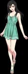 1girl aqua_dress bare_arms black_background black_hair brown_eyes dress female final_fantasy final_fantasy_vii final_fantasy_vii_remake full_body long_hair looking_at_viewer no_legwear no_socks official_art open_mouth red_eyes roberto_ferrari sandals short_dress simple_background sleeveless sleeveless_dress solo standing tifa_lockhart toes younger