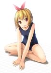  1girl barefoot black_swimsuit blonde_hair crossed_legs hairband highres indian_style looking_at_viewer medium_hair old_school_swimsuit original red_eyes red_hairband school_swimsuit shibacha short_hair simple_background sitting solo swimsuit white_background 