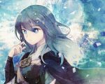  1girl armor blue_eyes blue_hair byleth_(fire_emblem) byleth_eisner_(female) cape closed_mouth fire_emblem fire_emblem:_three_houses medium_hair solo tomoki_(tomonin) twitter_username upper_body 