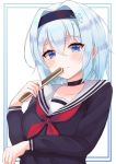  1girl absurdres black_choker black_hairband black_serafuku blue_eyes blue_hair blush choker closed_mouth eyebrows_visible_through_hair fan hair_ornament hairband highres holding holding_fan kano_(wi3028) long_sleeves looking_at_viewer red_neckwear ryuuou_no_oshigoto! sailor_collar school_uniform serafuku short_hair snowflake_hair_ornament solo sora_ginko upper_body white_sailor_collar 