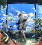  1boy 1girl :d angelfish animal black_jacket blue_shorts blue_sky blurry boots brown_hair brown_legwear canvas_(object) clouds cloudy_sky day depth_of_field fantasy fish holding hood hoodie jacket leg_ribbon looking_at_viewer mismatched_legwear open_clothes open_jacket open_mouth original paintbrush painting plant potted_plant ribbon sakeharasu short_hair short_shorts shorts single_sock single_thighhigh sky smile socks standing sunlight thigh-highs whale 