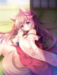  animal_ear_fluff animal_ears bangs bell blush brown_hair cherry_blossoms commentary_request eyebrows_visible_through_hair floral_print fox_ears fox_girl fox_tail hair_bell hair_between_eyes hair_ornament hair_ribbon hakama hands_together highres japanese_clothes kimono light long_hair looking_at_viewer lump_of_sugar lying mito_mashiro off_shoulder on_side petals red_hakama ribbon ryuuka_sane sidelocks sliding_doors smile tail tatami tayutama tayutama_2 violet_eyes 