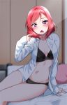  1girl black_bra black_panties blush bra collared_shirt commentary_request highres indoors long_sleeves looking_at_viewer love_live! love_live!_school_idol_project navel nishikino_maki no_pants on_bed open_clothes open_mouth open_shirt panties playing_with_own_hair redhead shirt short_hair sitting sitting_on_bed solo underwear violet_eyes white_shirt yopparai_oni 