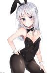  1girl absurdres animal_ears black_legwear black_leotard black_neckwear bow bowtie breasts bunny_girl bunny_tail bunnysuit chunithm commentary_request contrapposto cowboy_shot detached_collar grey_eyes hand_on_hip highres kobotoke_nagi leotard long_hair looking_at_viewer nekosuzu_an pantyhose rabbit_ears silver_hair simple_background small_breasts solo strapless strapless_leotard tail white_background wrist_cuffs 