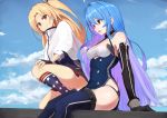  2girls ahoge american_flag american_flag_legwear american_flag_print arm_support azur_lane bangs bare_shoulders blonde_hair blue_hair blue_jacket blue_legwear breasts cape capelet cleveland_(azur_lane) commentary_request elbow_gloves eyebrows_visible_through_hair flag_print from_side gloves helena_(azur_lane) highres jacket kneeling looking_at_another looking_away marshall_k miniskirt multicolored multicolored_clothes multicolored_legwear multiple_girls one_side_up open_mouth parted_bangs ponytail red_eyes sitting skirt small_breasts star star_print thigh-highs white_capelet 