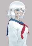  1girl blue_sailor_collar cyclops from_side grey_background grey_eyes highres kuronyankokko long_sleeves looking_at_viewer medium_hair neckerchief one-eyed original pale_skin red_neckwear sailor_collar school_uniform serafuku shirt simple_background smile solo white_hair white_shirt 