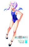 1girl black_footwear blue_eyes blue_swimsuit commentary_request competition_swimsuit full_body hair_ornament looking_at_viewer one-piece_swimsuit purple_hair sakaguchi_takayuki short_hair_with_long_locks simple_background smile solo swimsuit violet_eyes voiceroid white_background yuzuki_yukari 