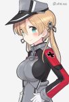  1girl ahenn anchor_hair_ornament aqua_eyes bangs blonde_hair blush breasts eyebrows_visible_through_hair gloves grey_background hair_ornament hat iron_cross kantai_collection long_hair long_sleeves medium_breasts military military_uniform peaked_cap prinz_eugen_(kantai_collection) simple_background smile solo twintails twitter_username uniform upper_body white_gloves 