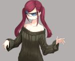  1girl bare_shoulders blue_eyes closed_mouth cyclops dress grey_background grey_sweater hair_ornament highres kuronyankokko long_hair long_sleeves looking_at_viewer off-shoulder_sweater off_shoulder one-eyed original redhead simple_background solo sweatdrop sweater sweater_dress twintails upper_body wavy_mouth 