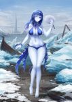  1girl anklet bangs barbariank bare_legs bare_shoulders barefoot beach bikini blue_bikini blue_choker blue_eyes blue_hair blue_ribbon blush boat breasts choker commentary english_commentary eyebrows_visible_through_hair fan full_body gradient_hair hair_between_eyes half-closed_eyes hand_up highres ice ice_queen_(monster_girl_encyclopedia) jewelry large_breasts long_hair looking_at_viewer monster_girl_encyclopedia mountainous_horizon multicolored_hair navel oar outdoors purple_hair ribbon solo stomach swimsuit thigh_gap water watercraft white_skin wrist_ribbon 