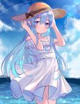  1girl alternate_costume blue_eyes blue_sky clouds condensation_trail cowboy_shot day dress hat hibiki_(kantai_collection) highres horizon kantai_collection long_hair looking_at_viewer mountain moyasi3409854 ocean outdoors silver_hair sky solo standing sun_hat sundress white_dress 