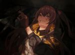  1girl arm_up bangs black_gloves brown_eyes brown_hair buttons cero_(last2stage) collar commentary_request damaged dirt dirty dirty_clothes dirty_face eyebrows_visible_through_hair fingerless_gloves girls_frontline gloves grey_jacket hair_between_eyes hair_ornament jacket korean_commentary light long_hair long_sleeves looking_at_viewer lying mechanical_parts on_back one_eye_closed one_side_up parted_lips scar scar_across_eye shadow shirt sidelocks smile solo ump45_(girls_frontline) 