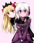  2girls alternate_costume bangs black_dress black_scarf blonde_hair blush breasts closed_mouth dress earrings ereshkigal_(fate/grand_order) fate/grand_order fate_(series) hair_between_eyes hair_ribbon jewelry kama_(fate/grand_order) kouga_(hipporit) long_hair long_sleeves looking_at_viewer medium_breasts multiple_girls parted_bangs pink_background pink_eyes pink_ribbon purple_dress ribbon scarf silver_hair simple_background smile tiara two_side_up yellow_eyes 