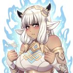  1girl animal_ears ash_(fire_emblem) aura black_horns blush breasts brown_eyes choker cow_ears cow_girl cow_horns crescentia_fortuna dark-skinned_female dark_skin fire_emblem fire_emblem_heroes glowing highres holding horns jewelry large_breasts looking_at_viewer piercing pout silver_hair solo staff white_hair 