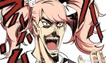  1girl araki_hirohiko_(style) bangs battle_tendency dangan_ronpa dangan_ronpa_1 enoshima_junko fingernails hair_ornament hand_up jojo_no_kimyou_na_bouken kars_(jojo) laughing open_mouth pink_hair ruukii_drift simple_background smile solo swept_bangs twintails white_background 