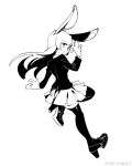  1girl animal_ears closed_mouth from_behind full_body greyscale hand_up high_heels highres jacket long_hair long_sleeves looking_at_viewer looking_back monochrome pleated_skirt rabbit_ears reisen_udongein_inaba ruukii_drift simple_background skirt solo thigh-highs touhou white_background 