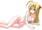  1girl bikini blonde_hair blush bow breasts commentary_request drill_hair hair_bow hata_kenjirou hayate_no_gotoku! highres large_breasts long_hair looking_at_viewer navel official_art simple_background solo swimsuit tennousu_athena untied untied_bikini white_background 