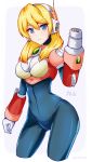  1girl alia_(rockman) android arm_cannon armor ass_visible_through_thighs bangs blonde_hair blue_bodysuit blue_eyes bodysuit breasts character_name commentary_request cowboy_shot cropped_legs curvy eyebrows_visible_through_hair gauntlets gloves hair_between_eyes hand_up headset highres large_breasts long_hair looking_at_viewer pink_armor rasen_manga robot_ears rockman rockman_x sidelocks simple_background smile solo twitter_username weapon white_background white_gloves 